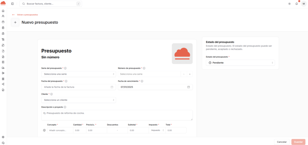 Completar datos del presupuesto